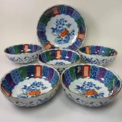 第一陶器　清風窯　皿・鉢セット（四寸深皿×⑤、七寸鉢×①) 輪花型 花鳥文のサムネイル