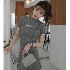 Darich ダーリッチ　リボンシャーリングギンガムミニワンピース