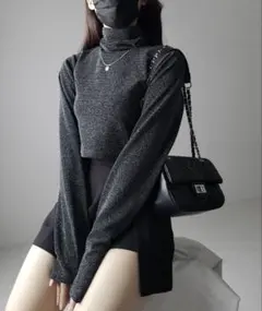 me+em select ラメカットソーハイネックショートトップス　ブラックのサムネイル