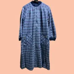 ブルー　チェック　ジャンバースカート　ワンピース　レトロ　古着 長袖　買い物