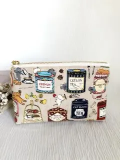 ハンドメイド　紅茶猫　ポーチ　14㎝ファスナー