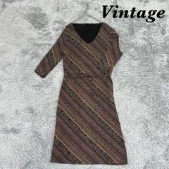 Vintage ヴィンテージ 七分袖ワンピース Ｖネック 総柄 ウエスト紐付