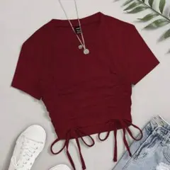 Flirla バーガンディ　半袖　ドロー　ストリングTシャツ　レッドのサムネイル