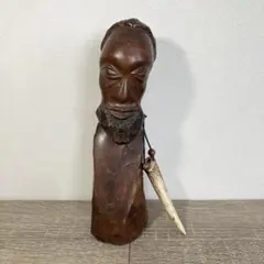 E-4 希少 アフリカ 木彫り 彫刻 像 首長 置物 オブジェ 装飾付き 手彫り