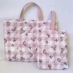 レッスンバッグ・上靴入れ　2点セット　キルティング　ピンク　くま　リボン　はっ水