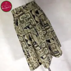 日本製 レトロ キュロット スカート 幾何学模様 和柄 ボタニカル 古着 茶 黒のサムネイル
