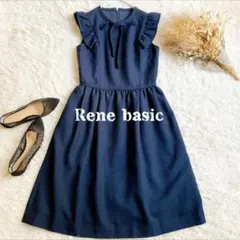 Rene ネイビー フリルノースリーブワンピース36フィットアンドフレア　リボン