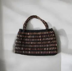 vintageヴィンテージレトロused木製ビーズ編みハンドバッグ