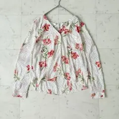 フォーエバー21 長袖ブラウス Vネックシャツ シアー透け感 ドット水玉花柄のサムネイル