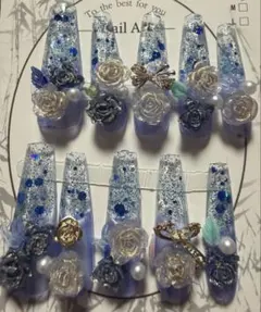 ブルー系 フラワー装飾 ネイルチップ Lサイズ