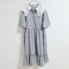 W♡C チェック柄 ワンピース フリーサイズ 半袖 大きめ襟 フリル ガーリー