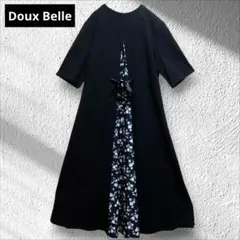 Doux Belle ワンピース ロング丈 半袖 レイヤード風 ブラック花柄