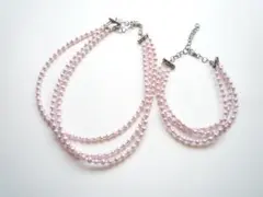 ピンクパール調ビーズ3連ネックレス、ブレスレット　セット