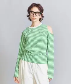 コットンボーダー カットアウト ロングスリーブ カットソー
