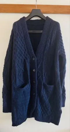 古着　USED　クレイジーパターンロングモヘアカーディガン　ネイビー