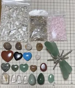 天然石セット　トンボの置物　さざれ200g（ルチル・ローズ・水晶）