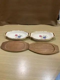 花柄 楕円形 小皿 木製プレート　2枚セット 陶器製 レトロ
