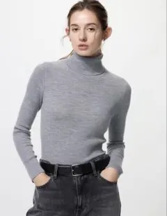 ユニクロ UNIQLO メリノリブタートルネックセーター GLAY Lサイズ
