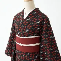 黒 赤 単衣 着物 KIMONO アンティーク　燕　変わり市松