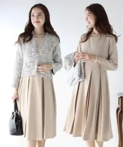 ミックスツイードカラーレスジャケット×ボックスプリーツシフォンワンピース