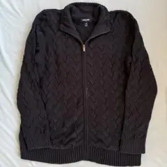 LANDS' END ブラックケーブルニットフルジップカーディガンのサムネイル