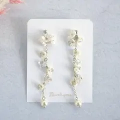 上品パールフラワー×水晶ピアス 天然石 大人可愛い イヤリング変更可 no.47