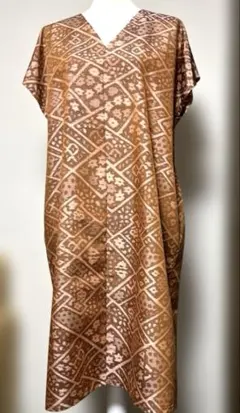 着物リメイク 幾何学模様 Vネックワンピース オレンジブラウン系
