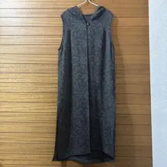フード付き ノースリーブ ロングベスト ジレ 総柄 グレー 11号