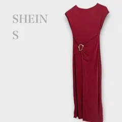 シーイン　フレンチスリーブロングワンピース　ドレープ　ボルドー　S