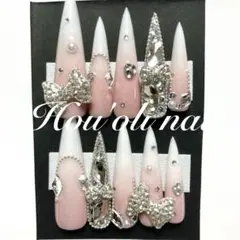 ネイルチップ ギャルネイル 鬼ロング ベイビーブーマー リボン ワンホン