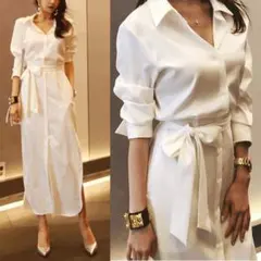 ホワイト シャツワンピース ロング丈 ベルト付き