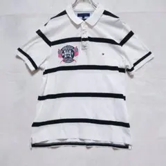 トミーヒルフィガー ボーダー ポロシャツ 半袖 刺繍ロゴ スリムフィット（XL）