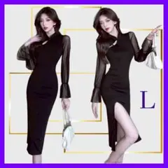 大人可愛い チャイナ風 ミディワンピース ブラック シースルー