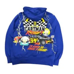 レーシング　プリントパーカー　裏起毛　インポート　青　古着7Ab