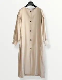 ボリュームスリーブ ノーカラー ロングコート ワンピース ベージュ F 訳あり