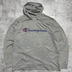 Champion パーカー グレー スクリプトロゴ 袖刺繍 XL 薄手