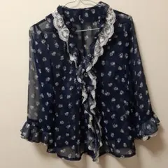 Otto レース付き花柄シースルーブラウス　ネイビーのサムネイル