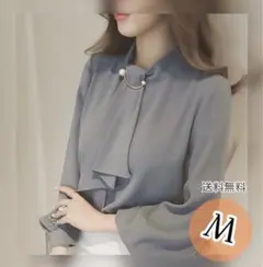 新品◆ トップス　シャツ　ブラウス　ボウタイ　長袖　レディース　青　M