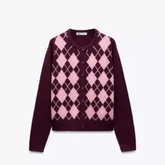 ZARA ザラ　100％ウール　アーガイル柄ニットカーディガン　S