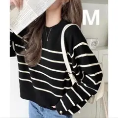 ストライプ クルーネック ニット Mサイズ ブラック×ホワイト ボーダー