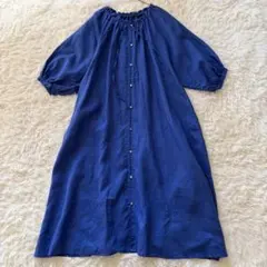 natural by clip　リネンフリルネックワンピース　F　青◆A1474