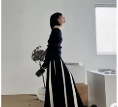 プリーツスカート ロング 黒白 ストライプ ウエストゴム フリー 体型カバー