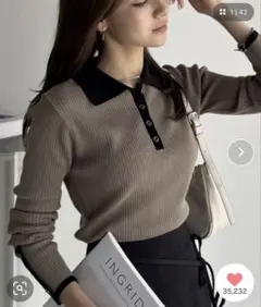 【mily bilet】トレンド襟付きスタイル♪金縁ボタン使いリブポロニット長袖