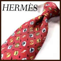 美品 エルメス ネクタイ シルク 総柄 幾何学模様 赤 プリント