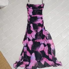 蝶プリント ノースリーブロングワンピース　セクシードレス　ナイトドレス