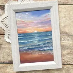 オイルパステル画　優しい夕暮れの海　　　海の絵　手描き