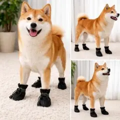 子犬用 ドッグシューズ 防水 滑り止め 反射テープ付 レインシューズ 黒 M