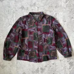 希少 80s 昭和レトロ 幾何学 アート柄 ウール混 シャツ 日本製 紫 緑