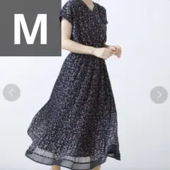 Honeys GLACIER 花柄配色ワンピース リボン プリーツ ネイビー M