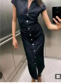 ZARA M フィットミディシャツワンピース デニム